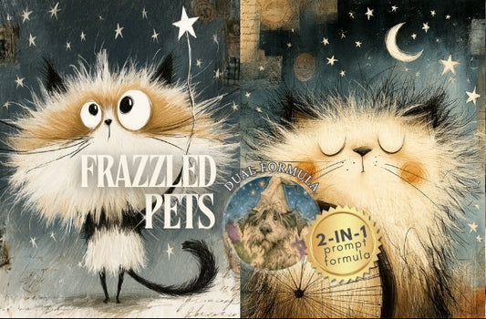 A collage-style artwork featuring four whimsical illustrated cats in a starry night scene, with the text 'FRAZZLED PETS' across the center and a circular badge reading '2-IN-1 prompt formula.' This appears to be a digital art preview or prompt-based illustration rather than a straightforward product photo, so subject_type is best classified as Other.