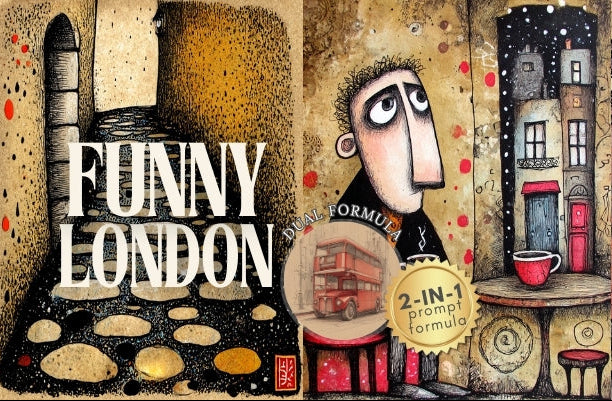 Cartoon-style advertisement for 'Funny London' with a man, phone booth, and British flag.