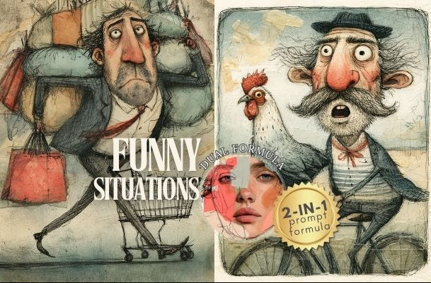 A collage-style illustrated cover for a product titled "FUNNY SITUATIONS," showing whimsical cartoon drawings of people, a chicken, and a shopping cart with a yellow circular badge reading "2-IN-1 prompt formula.".