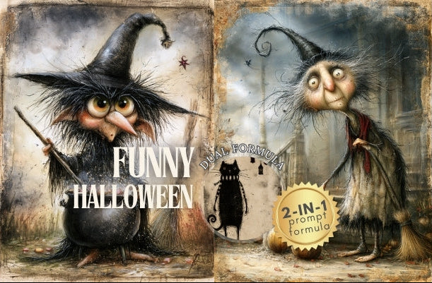 A Halloween-themed illustrated collage with three vertical panels showing whimsical, funny cartoon witches in dark hats and cloaks, a black cat, a haunted house, and large text reading 'FUNNY HALLOWEEN' plus a gold badge that says '2-IN-1 prompt formula'.