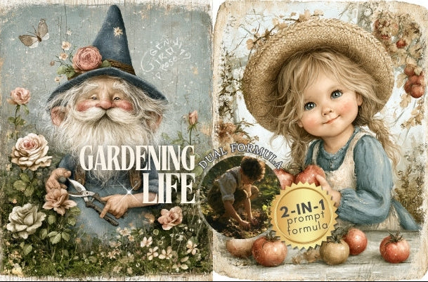 A vintage-style illustrated collage with two main panels: a bearded garden gnome holding a watering can and gardening shears, and a young girl in a straw hat watering apples. The text 'GARDENING LIFE' appears across the gnome panel, and a gold badge says '2-IN-1 prompt formula.