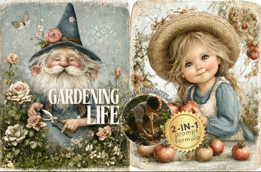 A vintage-style illustrated collage with two main panels: a bearded garden gnome holding a watering can and gardening shears, and a young girl in a straw hat watering apples. The text 'GARDENING LIFE' appears across the gnome panel, and a gold badge says '2-IN-1 prompt formula.