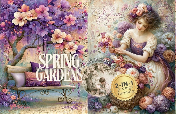 A decorative spring garden themed collage with floral artwork, a bunny, a bench, a woman in a floral crown, and the text 'SPRING GARDENS' plus a '2-IN-1 prompt formula' badge.