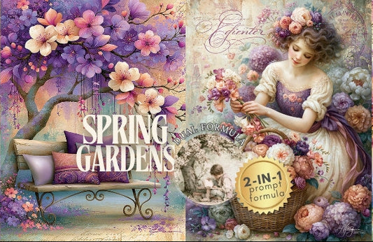 A decorative spring garden themed collage with floral artwork, a bunny, a bench, a woman in a floral crown, and the text 'SPRING GARDENS' plus a '2-IN-1 prompt formula' badge.