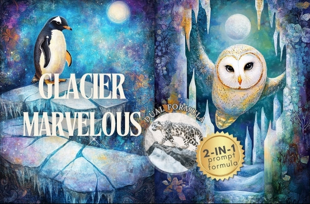 Product packaging for 'Glacier Marvelous' with a penguin and owl illustration on a snowy background.