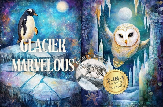 Product packaging for 'Glacier Marvelous' with a penguin and owl illustration on a snowy background.