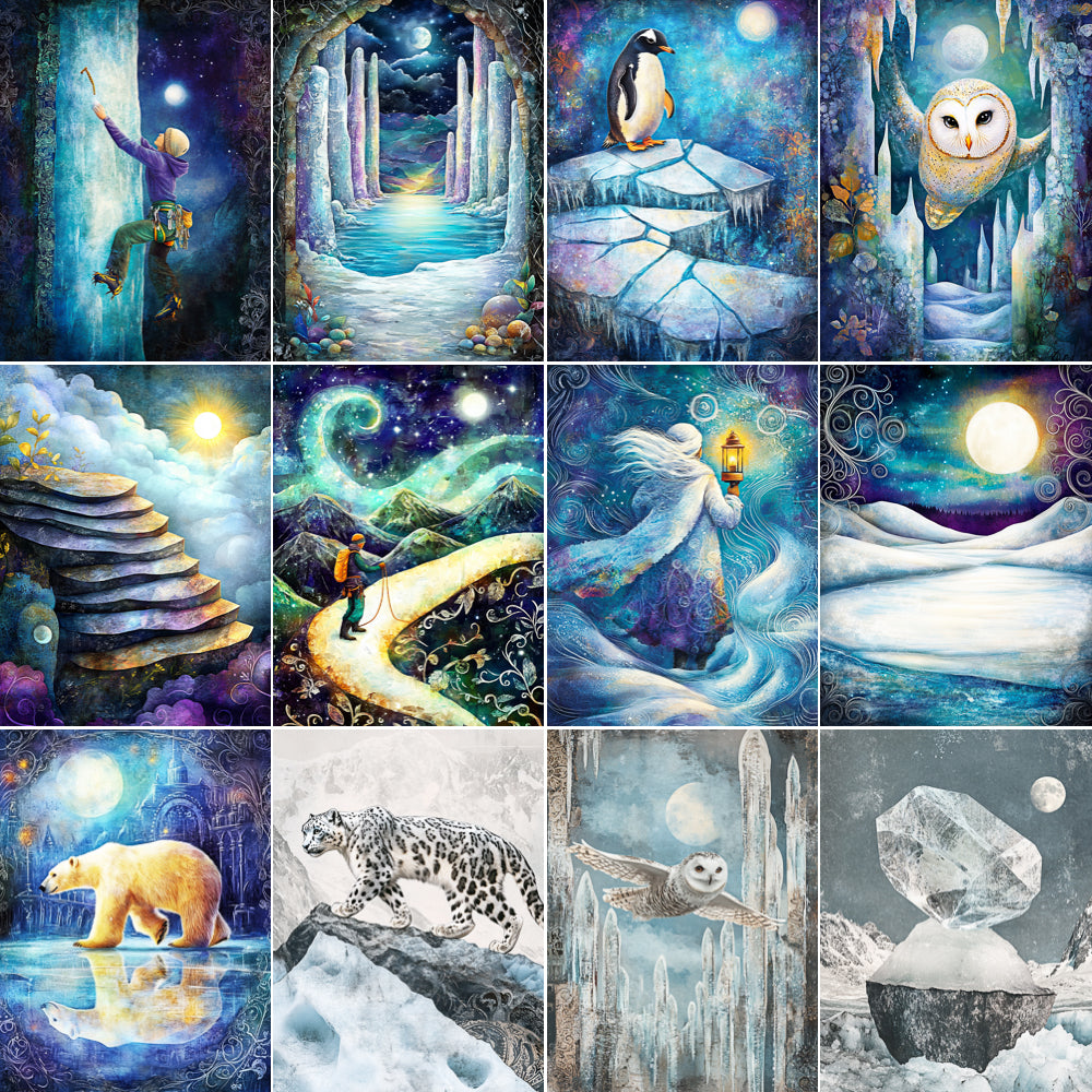 Collage of various illustrated scenes with icy landscapes, animals, and fantasy elements.
