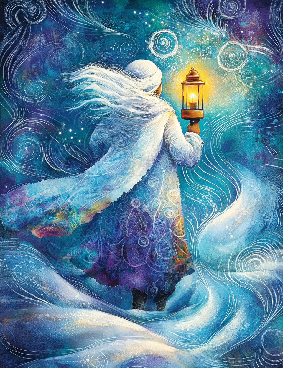 Artistic depiction of a person in a snowy landscape holding a lantern amidst swirling snowflakes.