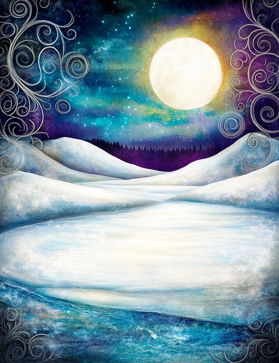 Frosty landscape with a large moon in a starry sky