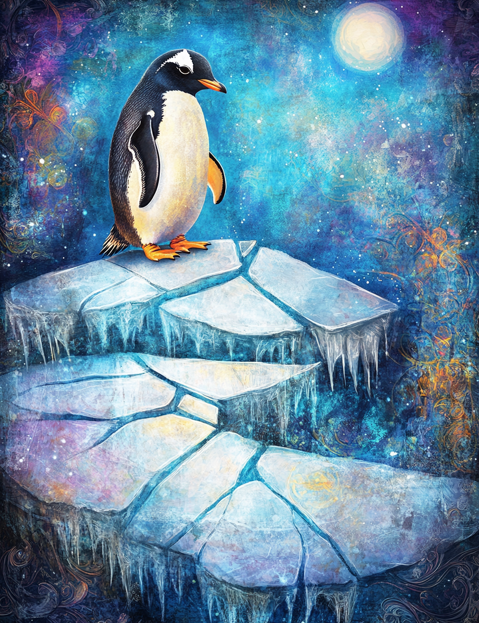 Penguin on ice with a colorful cosmic background