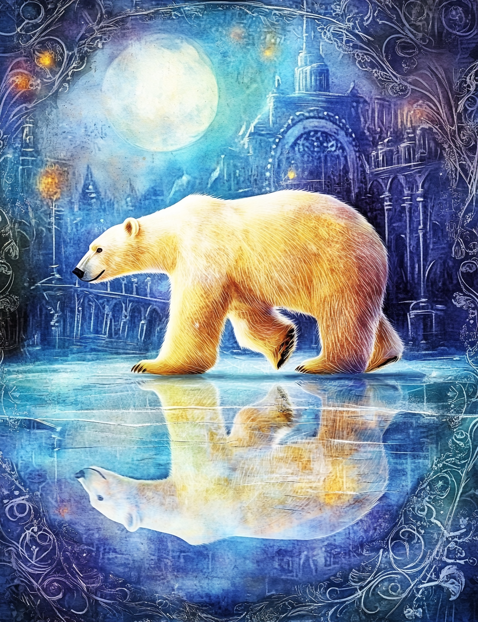 Polar bear walking on ice with a mystical castle and moon in the background