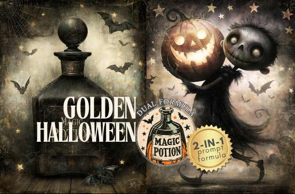 Halloween-themed potion bottle with pumpkins and bats on a dark background