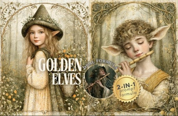 A decorative illustrated collage featuring three fantasy woodland elf children in vintage-style artwork, with the large text 'GOLDEN ELVES' across the center and a circular badge reading '2-IN-1 prompt formula.' This is not a clean product photo of a physical object, and it is not a real environment or person photograph, so the best fit is Other rather than Lifestyle or Scenery.
