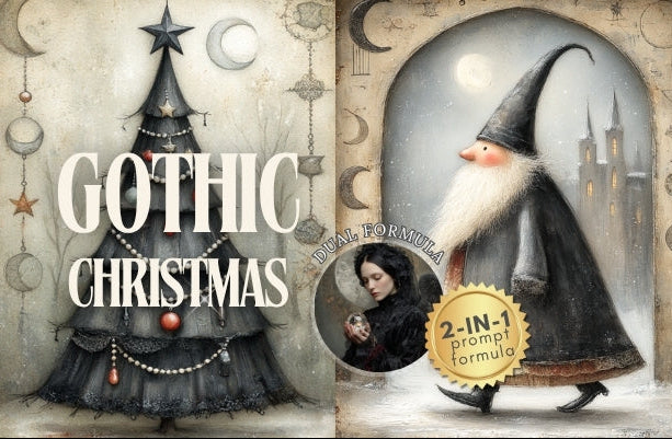 Gothic Christmas-themed product packaging with a witch and a ghostly figure on a textured background.