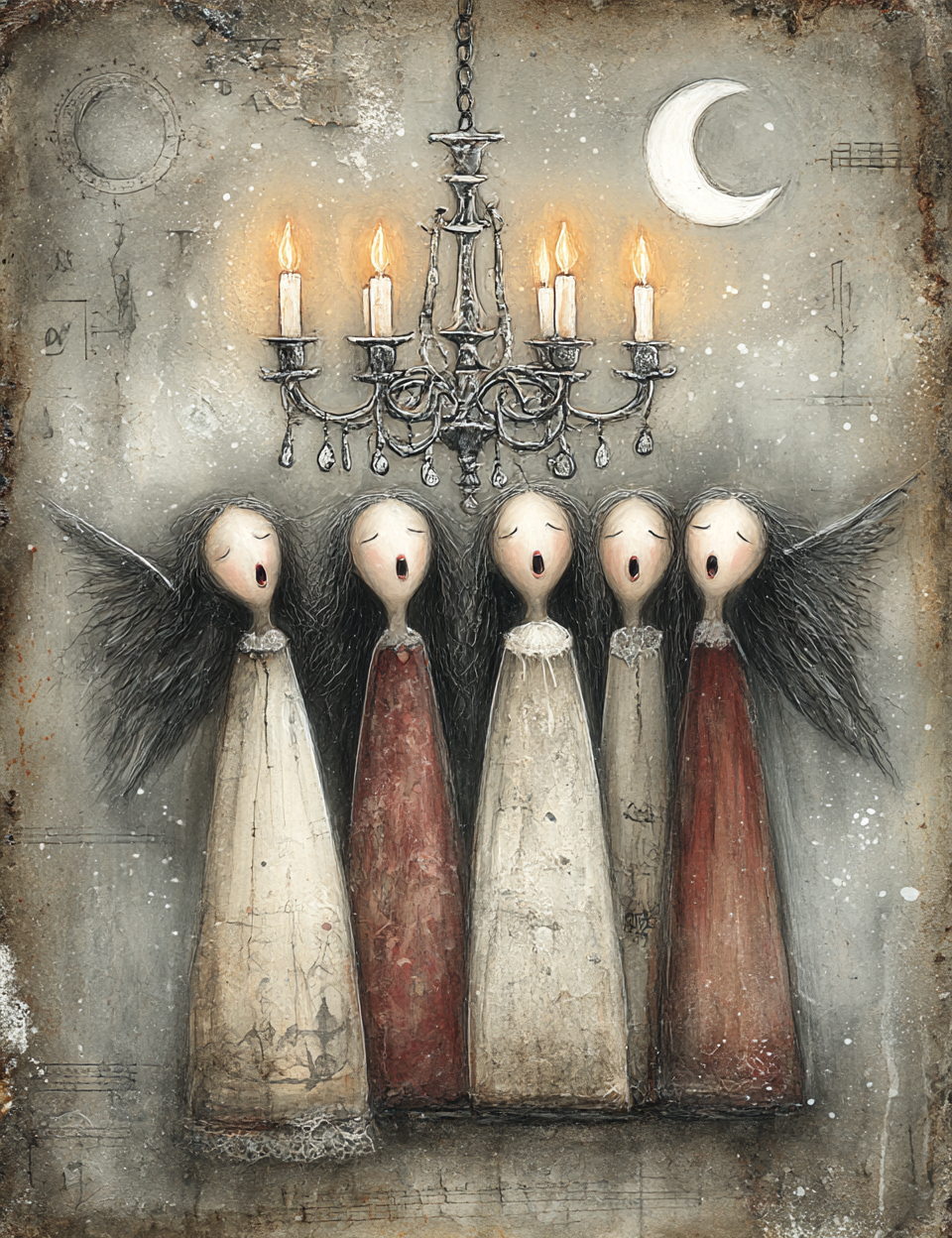 Artistic depiction of five angelic figures under a chandelier with a moonlit background