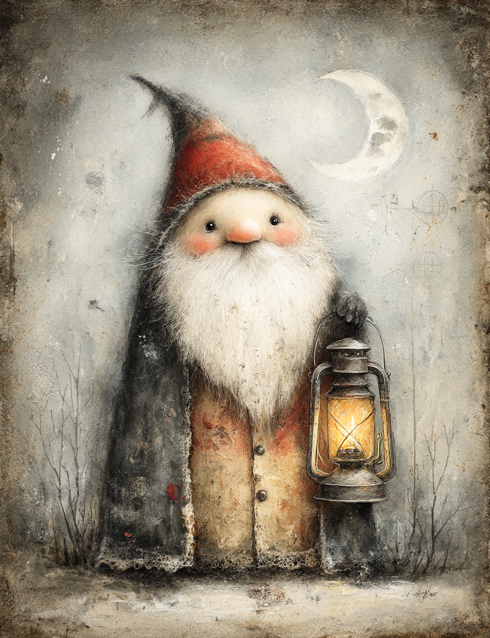 Illustration of a gnome holding a lantern with a moon in the background