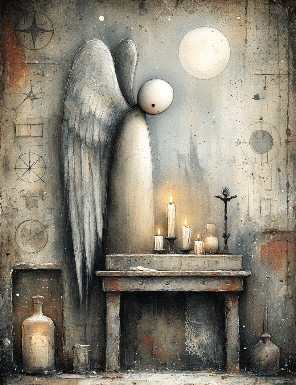Artistic depiction of an angel with candles and bottles on a table against a textured wall.