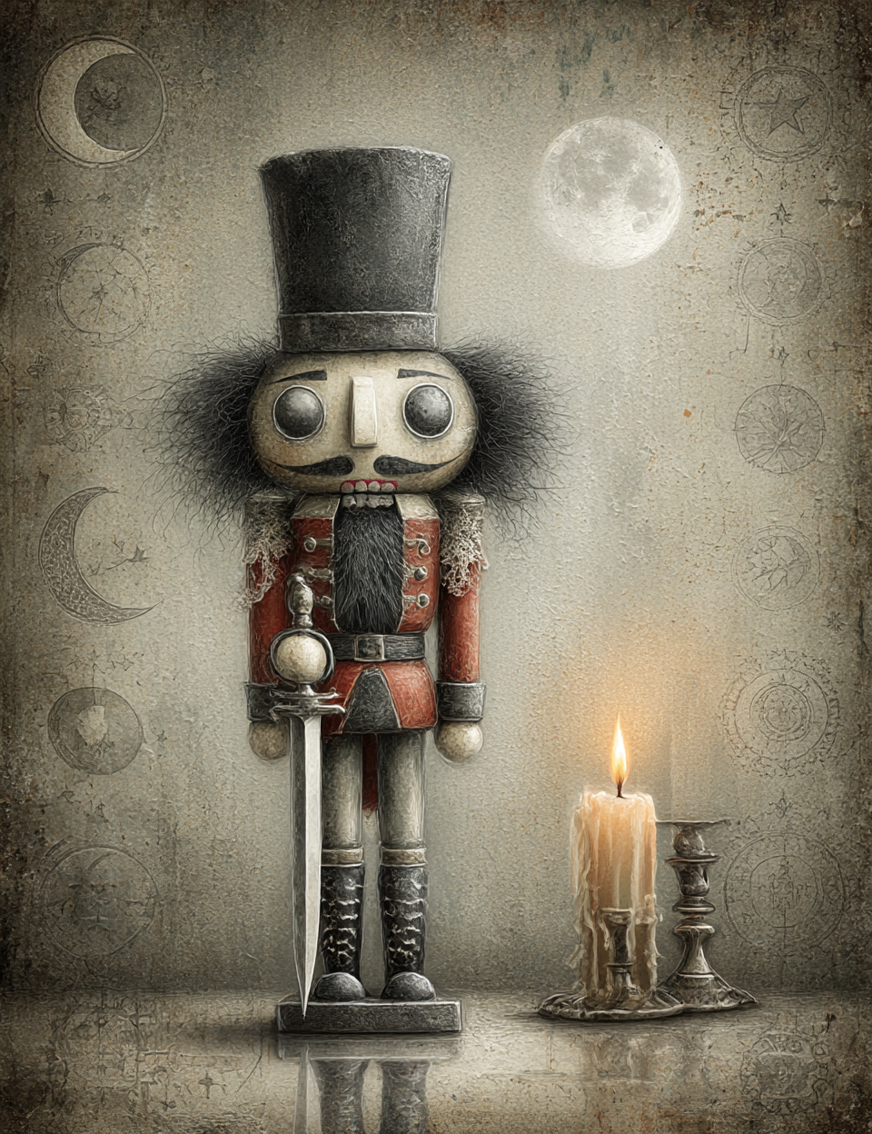 Nutcracker toy with top hat and sword in a vintage setting with moon and candle.