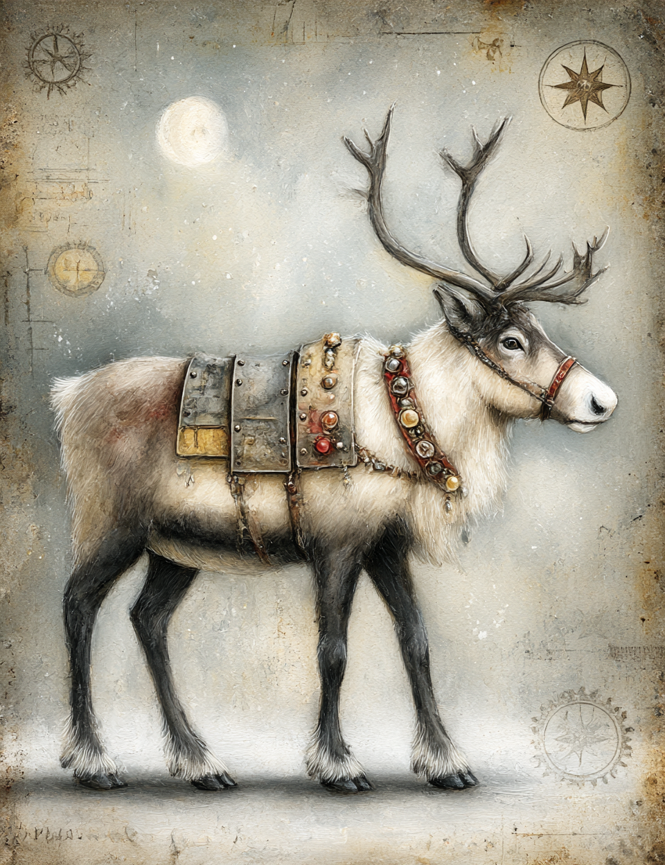 Illustration of a reindeer with steampunk elements on a textured background