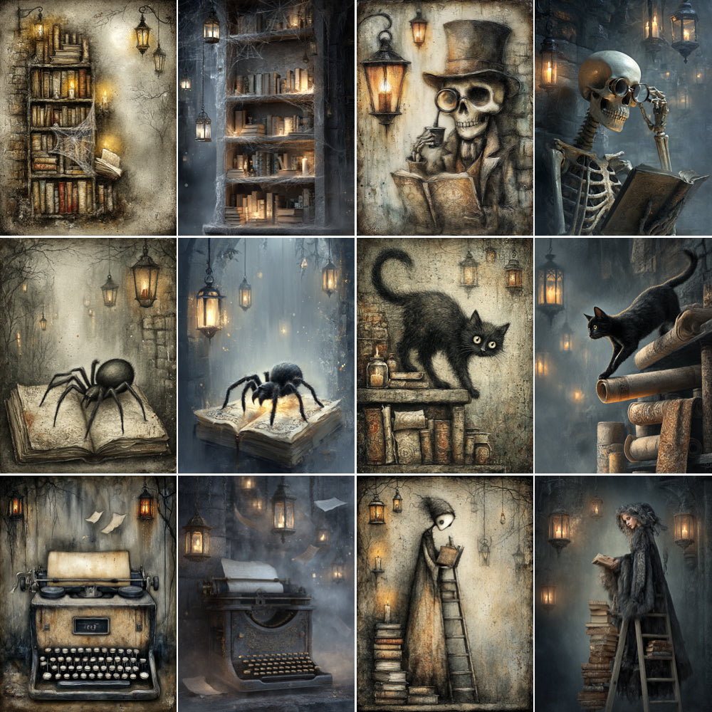 Collage of gothic-themed illustrations featuring books, skeletons, cats, spiders, and typewriters.