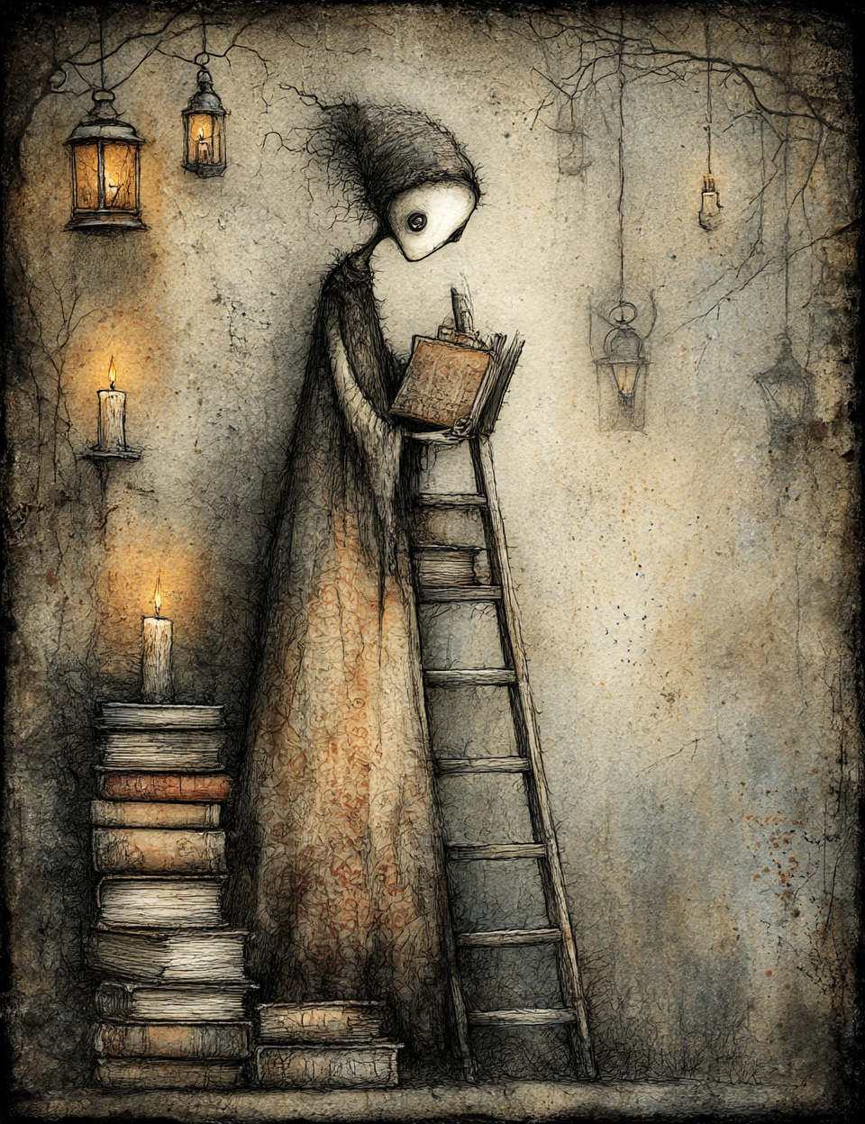 Illustration of a person with a long coat and hat, standing on a ladder next to books and candles, with hanging lanterns in the background.