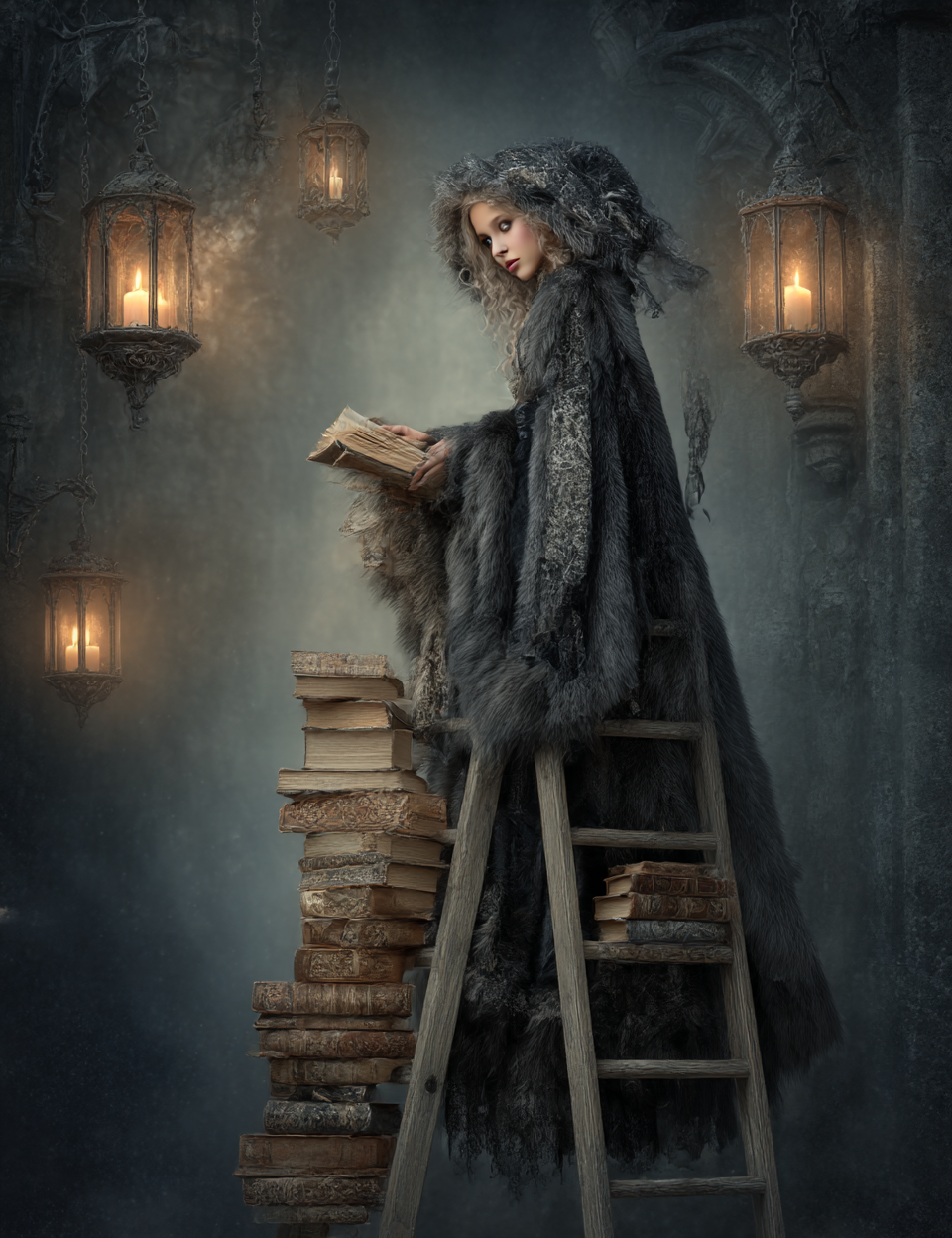 Woman in a fur coat standing on a ladder among books in a dimly lit room with lanterns.