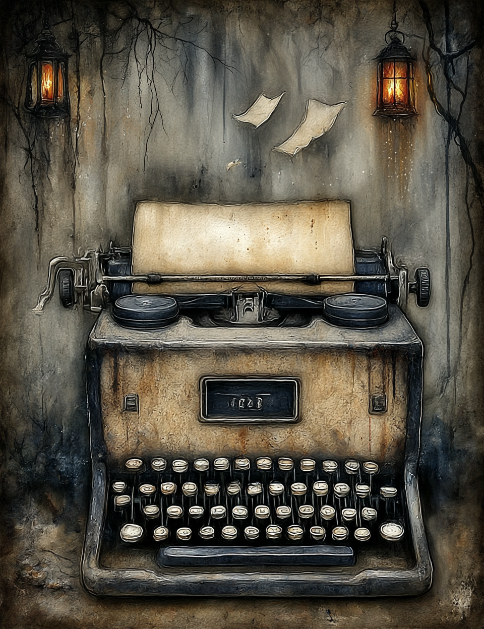 Vintage typewriter in a dark, eerie setting with hanging papers and lanterns.