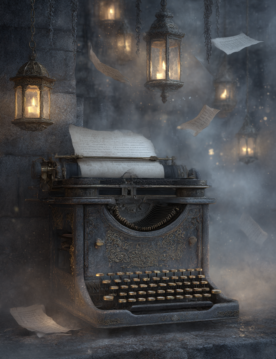 Vintage typewriter in a mystical setting with lanterns and floating papers