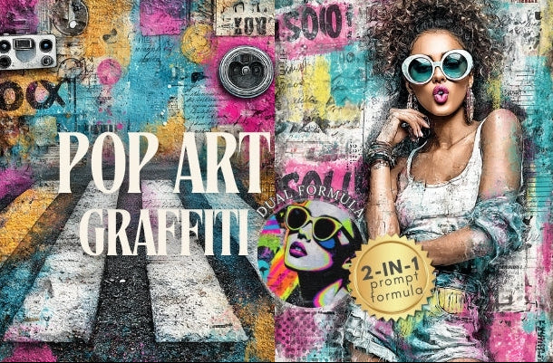 Colorful pop art graffiti with a woman, text, and product packaging.