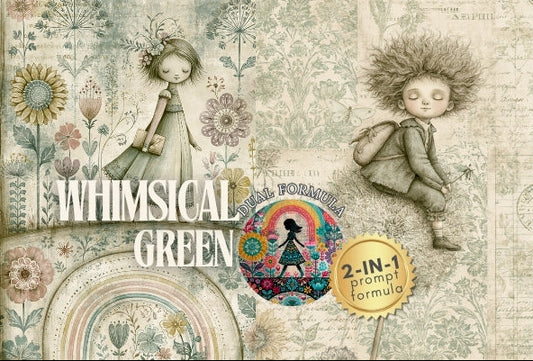 Product packaging with children and nature-themed design, featuring the brand 'Whimsical Green'.