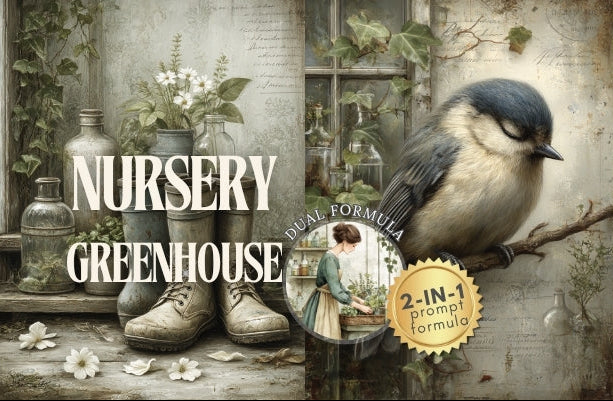 Collage of a bird, flowers, and vintage elements with text 'Nursery Greenhouse' and '2-IN-1' formula.