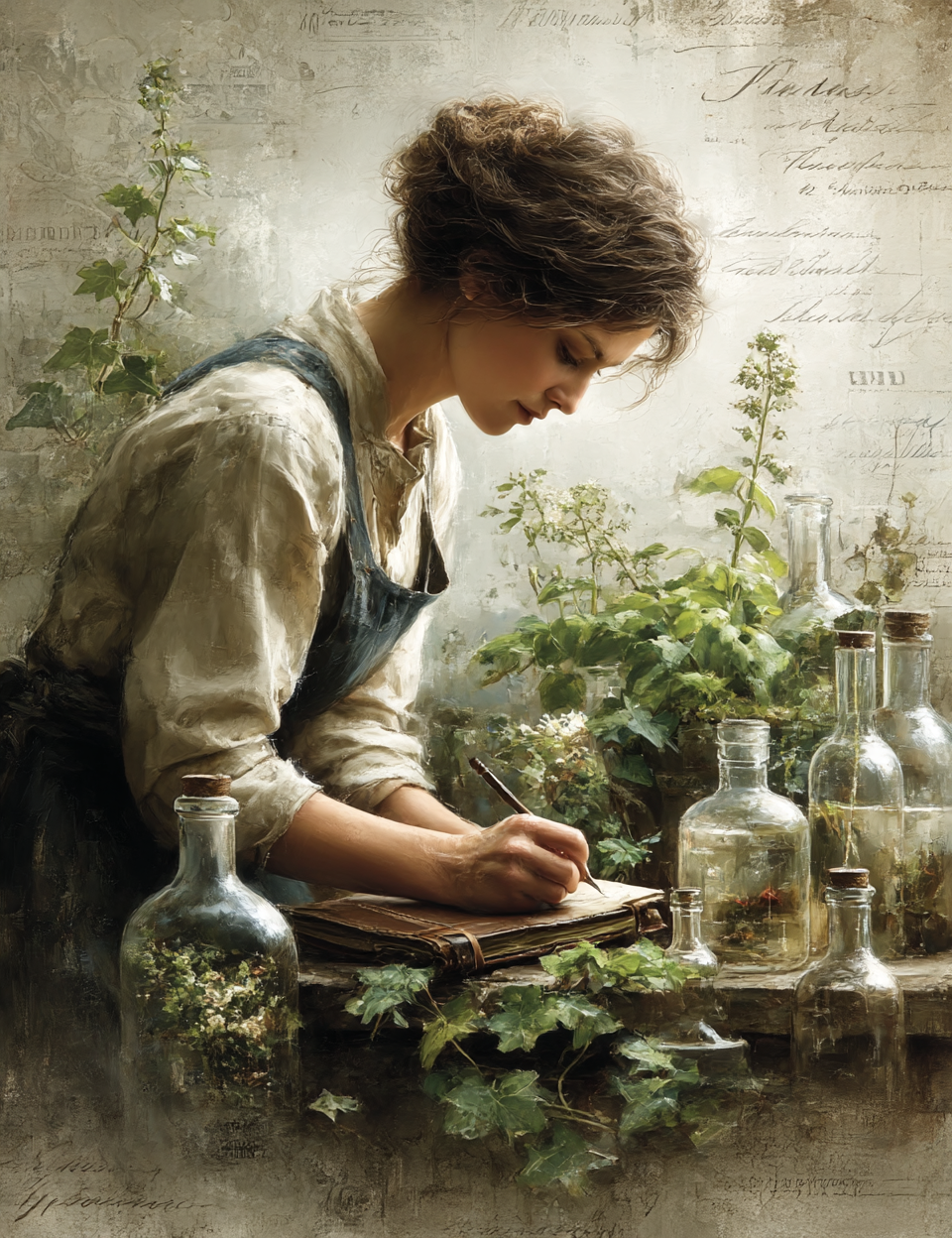 Woman writing in a notebook surrounded by plants and bottles in a vintage setting