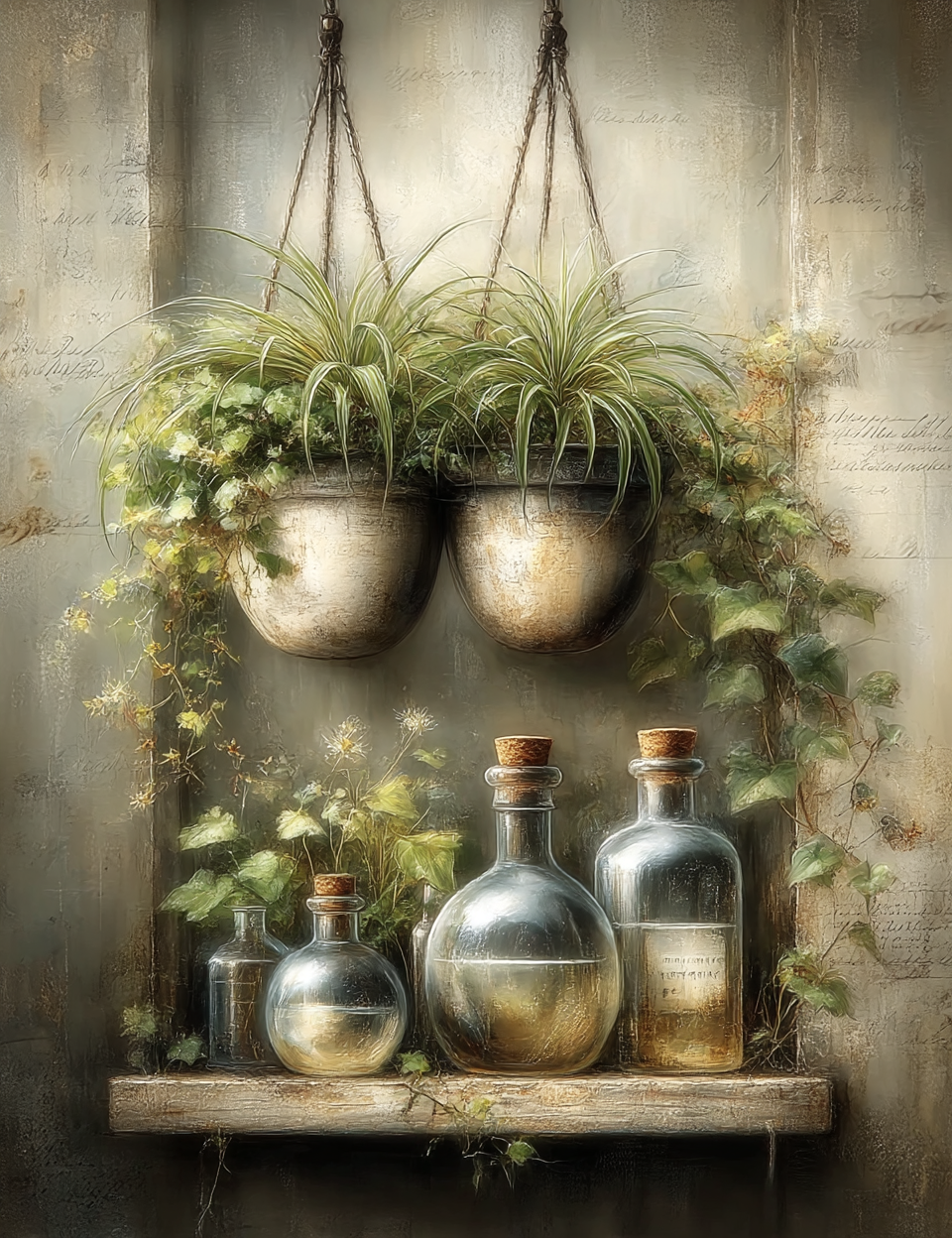 Decorative shelf with hanging plants and glass bottles against a textured wall.