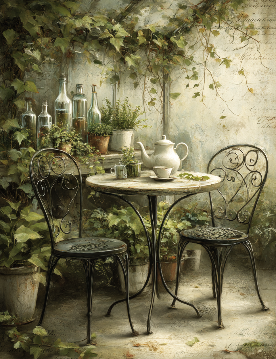 Painting of a garden scene with a table and chairs, teapot, and bottles.