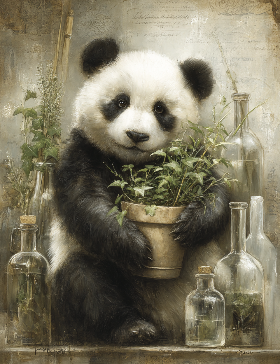 Painting of a panda holding a potted plant among glass bottles.