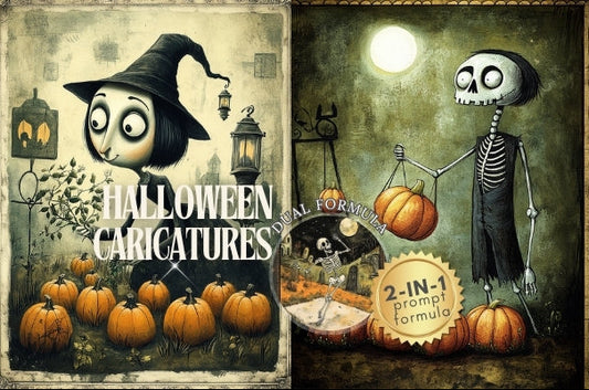 Midjourney V 6.1 Prompts for DUAL Funny Halloween Caricatures