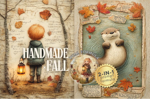 A collage-style autumn-themed design sheet with illustrated birch trees, a child holding a lantern, an otter in water, scattered leaves, old paper textures, and the words 'HANDMADE FALL' plus a '2-in-1 prompt formula' badge.