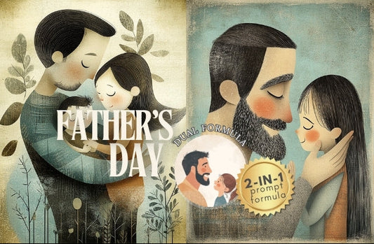 Father's Day card with illustrations of a father and child, featuring a 2-in-1 product formula.