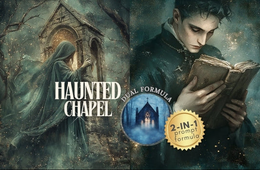 Promotional graphic for 'Haunted Chapel' with a person reading a book in a gothic setting.