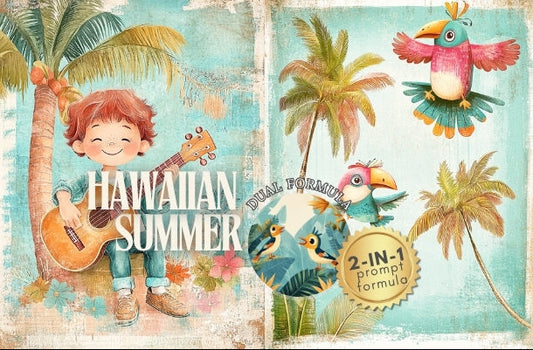 Product packaging with a tropical design featuring a child, guitar, and tropical elements.