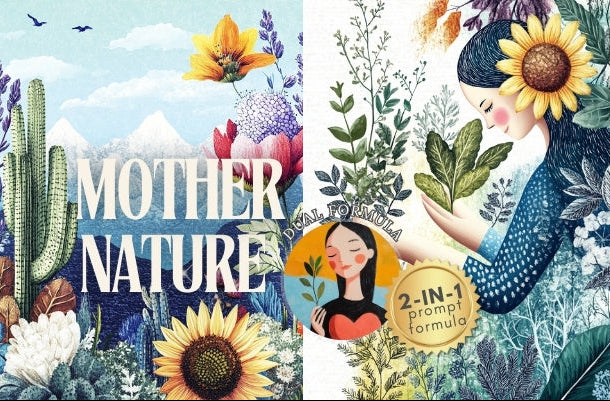 Product packaging with 'Mother Nature' branding, featuring nature-themed illustrations and text.