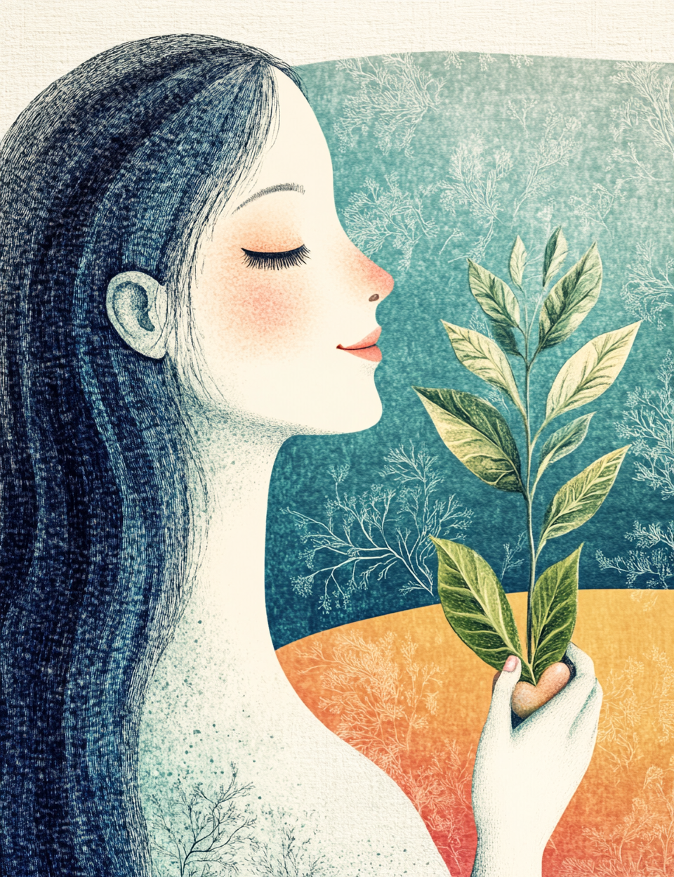 Illustration of a woman holding leaves against a textured background