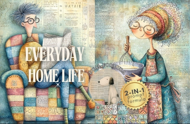 Illustrations of a couple and a dog in a home setting with text 'Everyday Home Life'.
