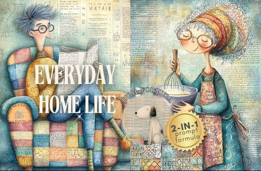 Illustrations of a couple and a dog in a home setting with text 'Everyday Home Life'.