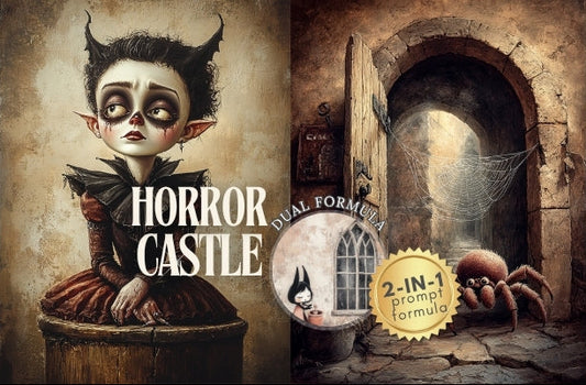 A horror-themed digital artwork collage with a small horned child seated on a barrel, a dark castle in the background, a stone archway with cobwebs, a spider, and a hooded figure. Large text reads 'HORROR CASTLE,' with smaller text including 'DUAL FORMAT' and a gold seal reading '2-IN-1 prompt.