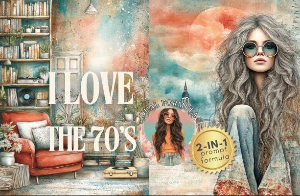 Collage with a woman, text 'I Love The 70's', and a room decorated in 1970s style.