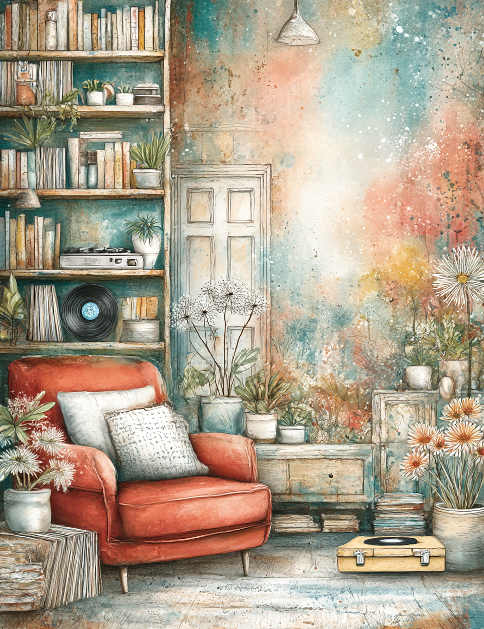 Cozy living room with a red armchair, bookshelves, and decorative plants.