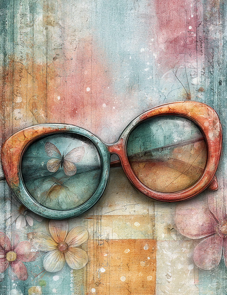 Sunglasses with butterfly design on a textured background with flowers