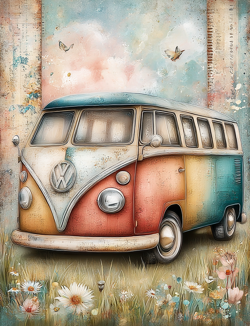 Vintage Volkswagen van in a colorful, artistic setting with flowers and butterflies.