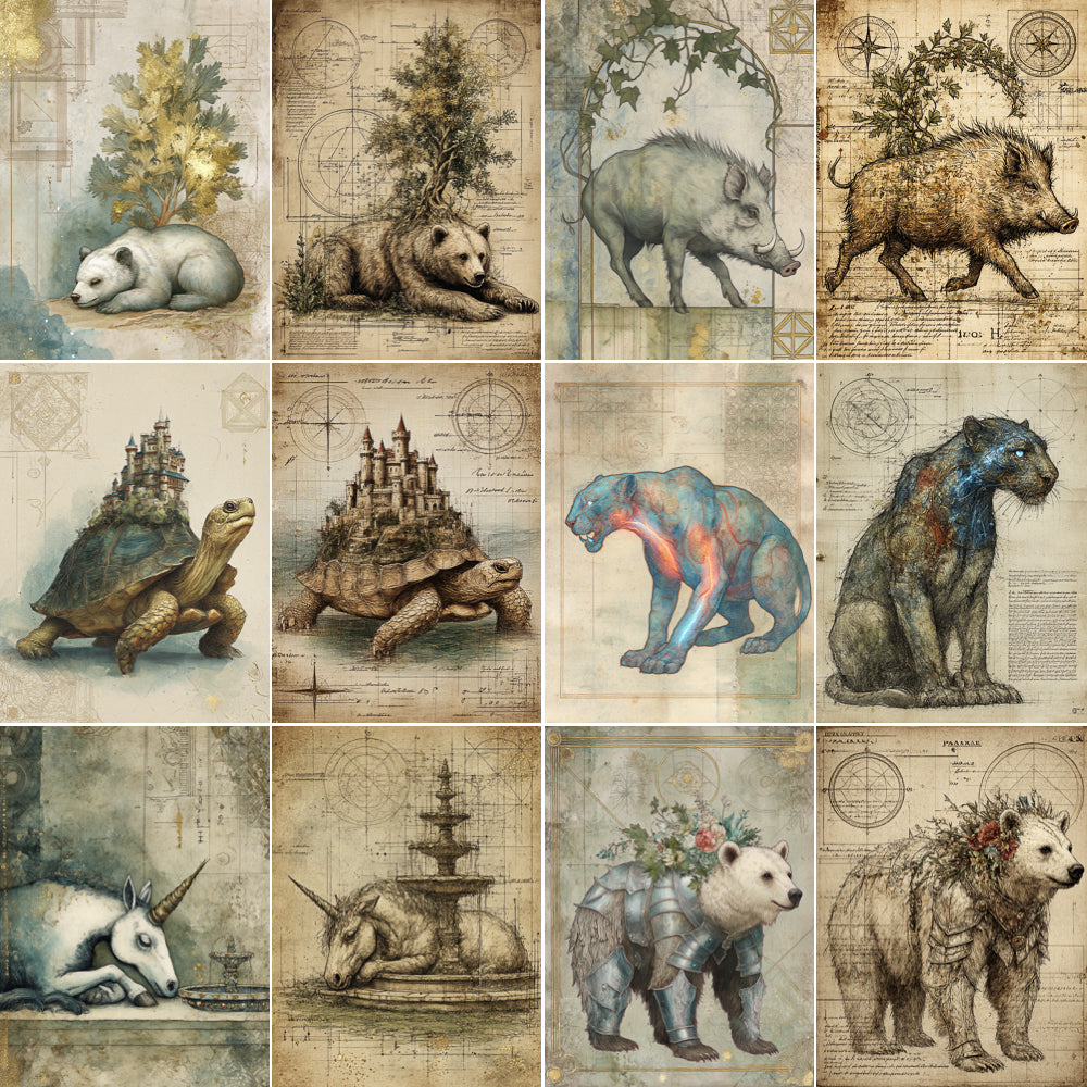 Collage of stylized animal illustrations with a vintage, artistic design.